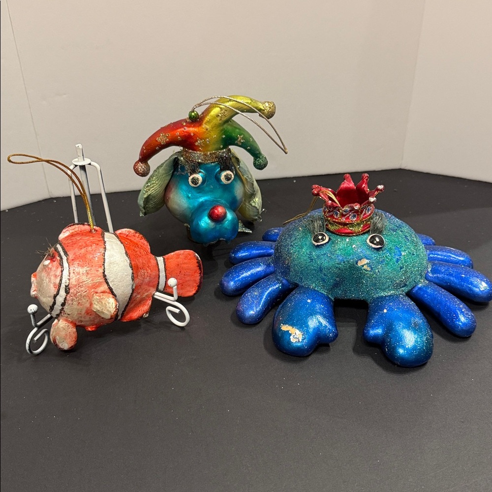 Beach themed crab dogfish and clownfish Christmas ornaments vintage